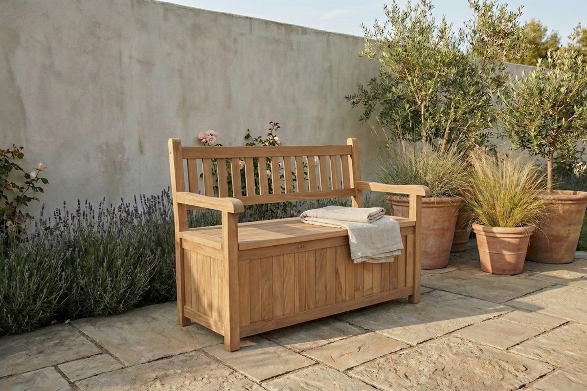 Teakhouten opbergbank 100cm met klep en lattenstructuur op een zonnig mediterraan terras met bloemen. - view 3