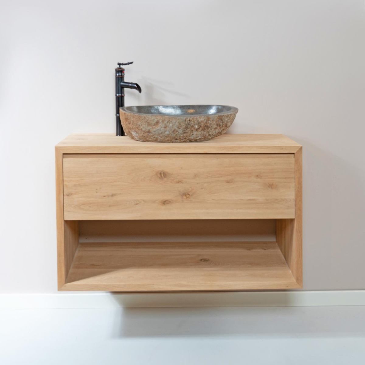 Zwevend Eiken Badmeubel Suze – Inclusief Waskom – Met Lade & Open Vak – 60 t/m 120 cm - view 4