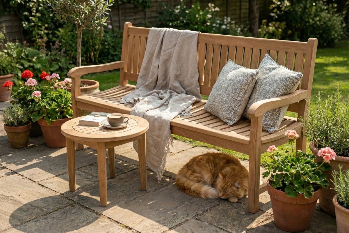 Beaufort teak tuinbank geplaatst in tuin of op terras als ruime zitbank voor buiten - alternate view