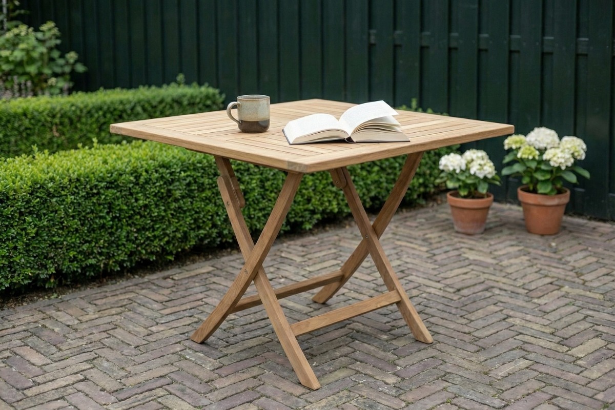 Teakhouten klaptafel van massief teak, vouwbare tuintafel met formaat 120x120x75 cm - view 3