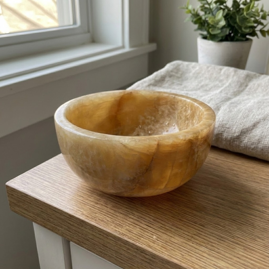 Ronde honinggele onyx waskom 25 cm x 12 cm op een vergrijsd houten blad met rvs kraan in een lichte badkamer. - alternate view