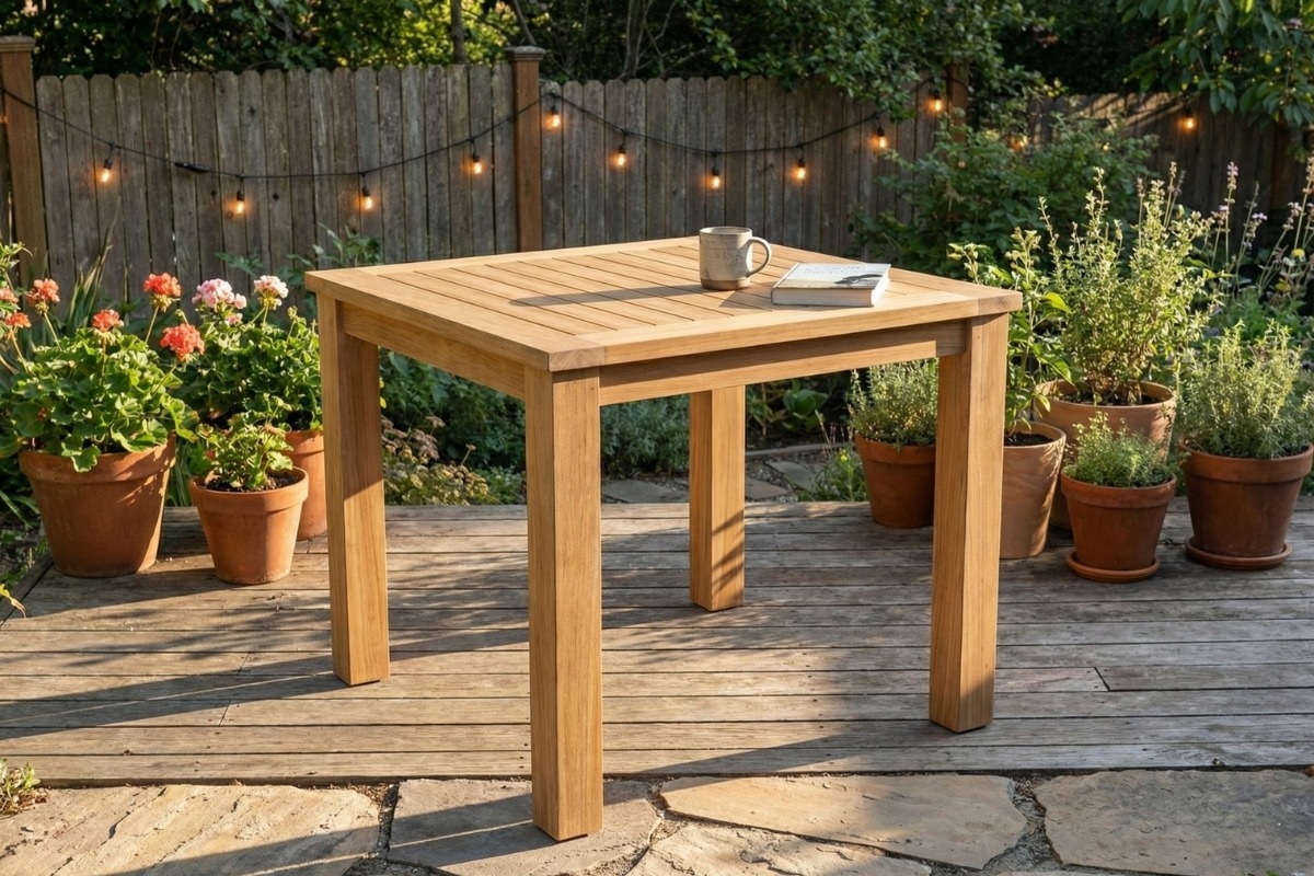 Teakhouten tuintafel voor twee personen van massief teak, vierkante tafel van 70x70 cm met robuuste poten - view 3