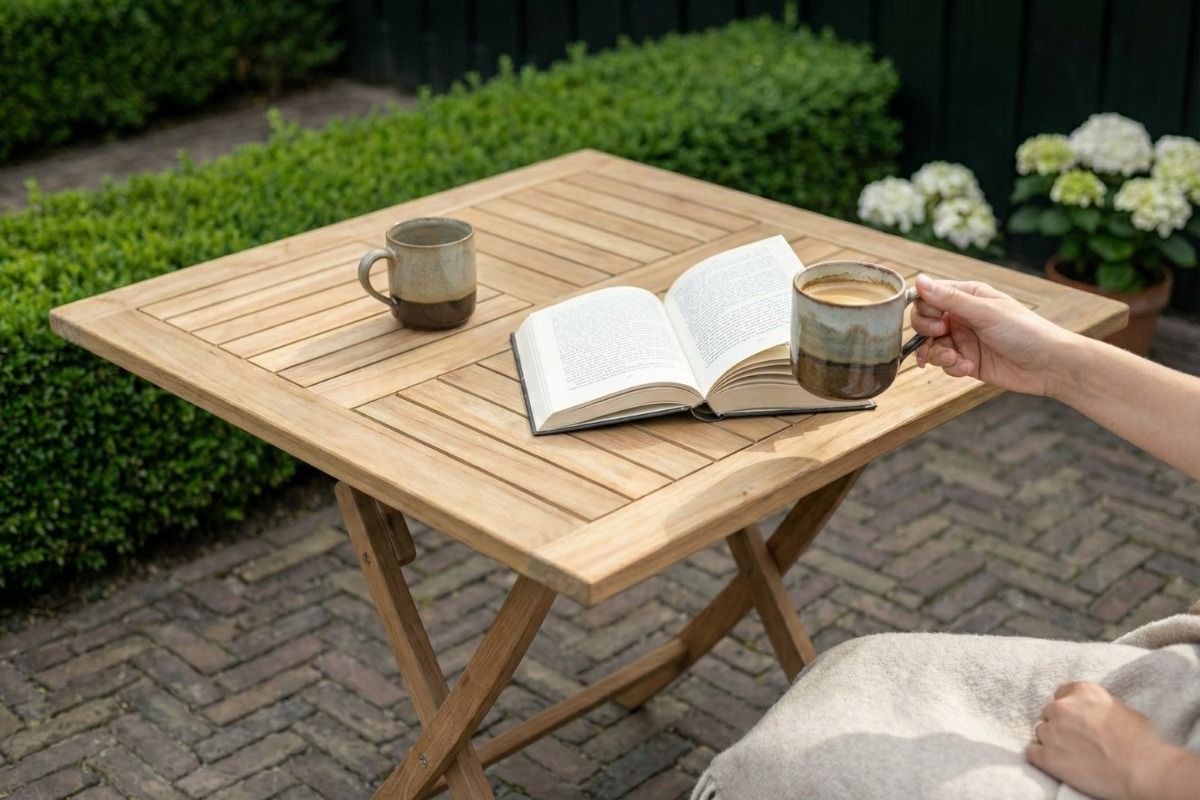Teakhouten klaptafel van massief teak, vouwbare tuintafel met formaat 120x120x75 cm - view 4