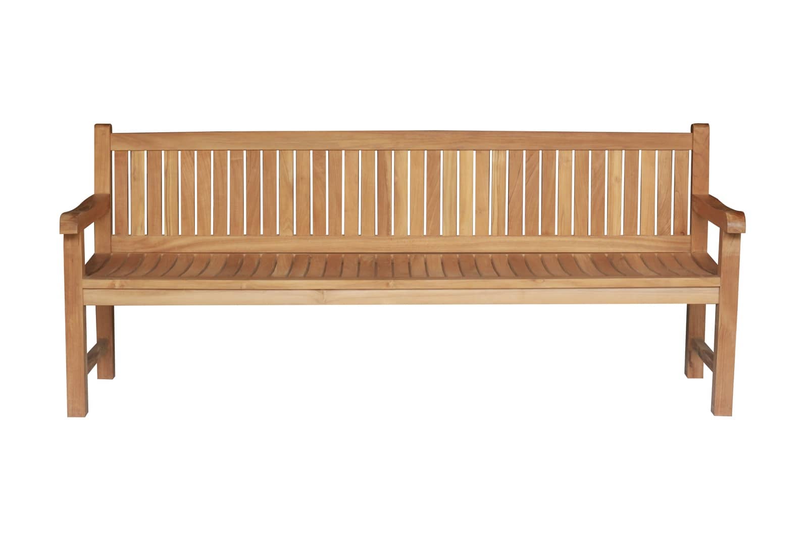 Lange teakhouten tuinbank met verticale lattenrug voor een bakstenen muur met kleurrijke hortensia's. - view 4