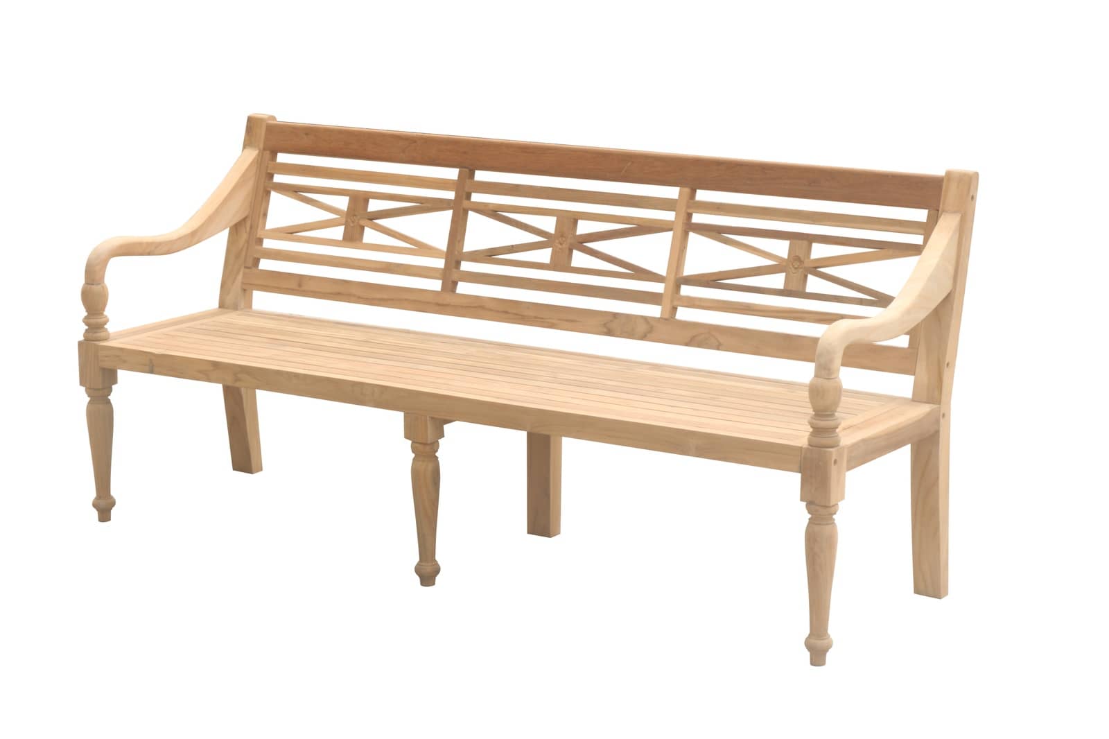 Klassieke teakhouten stationsbank, 180 cm breed. De bank heeft een traditioneel design met een rechte rugleuning en een stevige, vlakke zitting. Het hout heeft een natuurlijke, warme teakkleur en is fijn afgewerkt, wat de elegante uitstraling benadrukt. D - alternate view