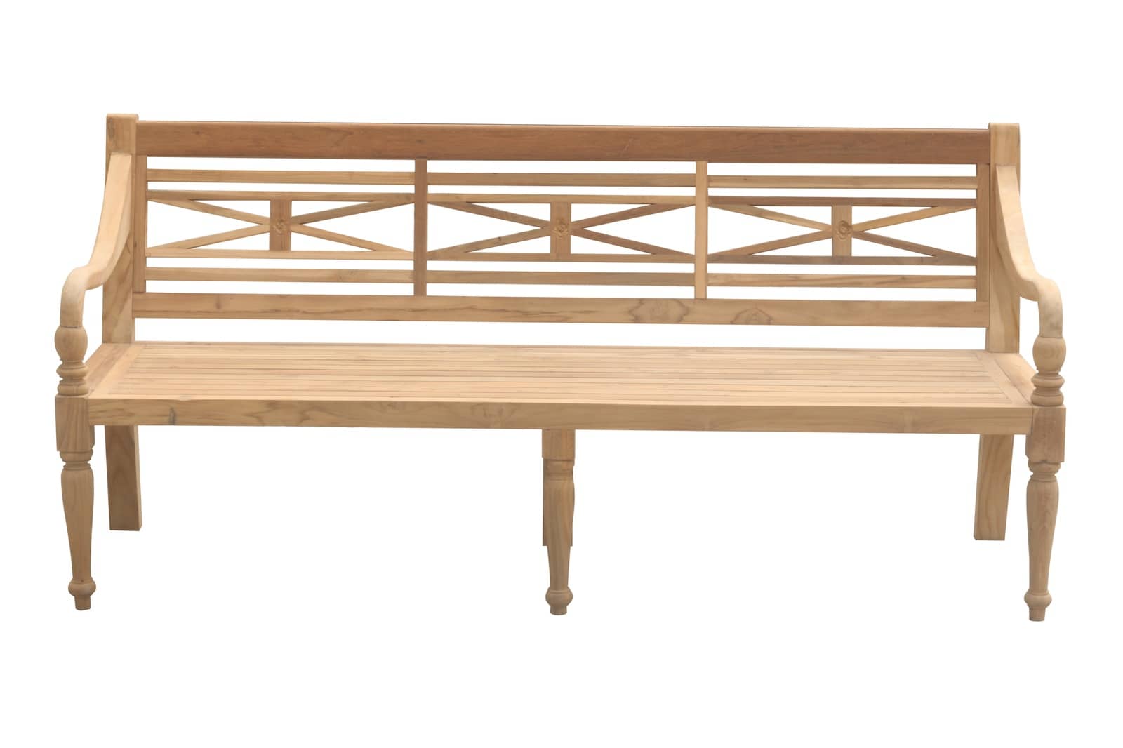 Klassieke teakhouten stationsbank, 180 cm breed. De bank heeft een traditioneel design met een rechte rugleuning en een stevige, vlakke zitting. Het hout heeft een natuurlijke, warme teakkleur en is fijn afgewerkt, wat de elegante uitstraling benadrukt. D - view 4