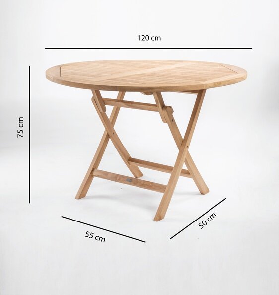 Ronde houten tuintafel van teakhout met witte metalen stoelen en houten zitting op een zonnig terras met hortensia's. - view 3