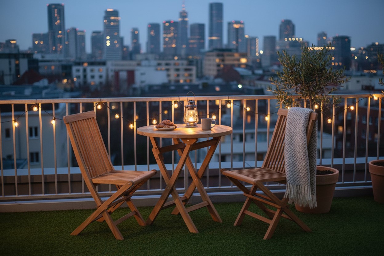 Ronde inklapbare teakhouten tuintafel van 70 cm met massief FSC teak en RVS beslag op balkon en productfoto vrijstaand - view 4