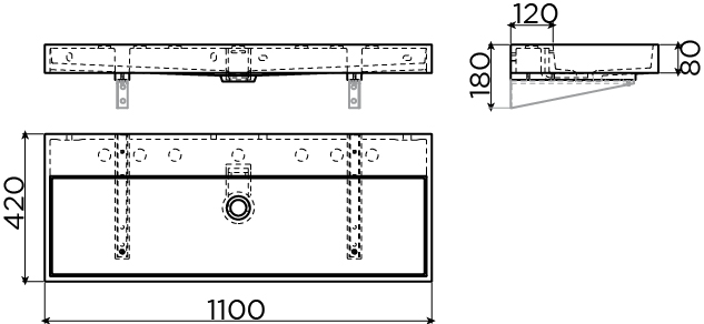 Wash Me wastafel 110cm, zonder plug, mat zwart keramiek - view 3