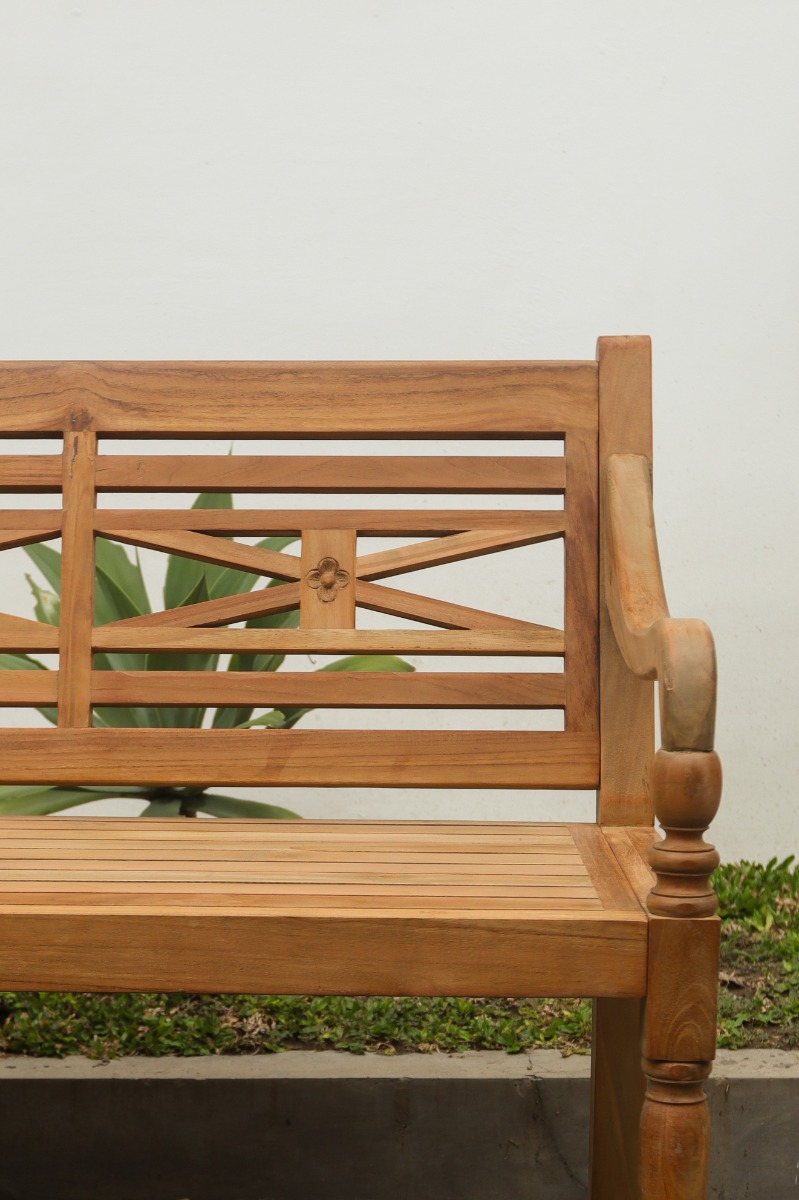 Teak Station Bank Batavia van 150 cm, gemaakt van gerecycled teakhout, in natuurlijke teak kleur, geschikt voor drie personen, ideaal voor tuin of terras. - view 3