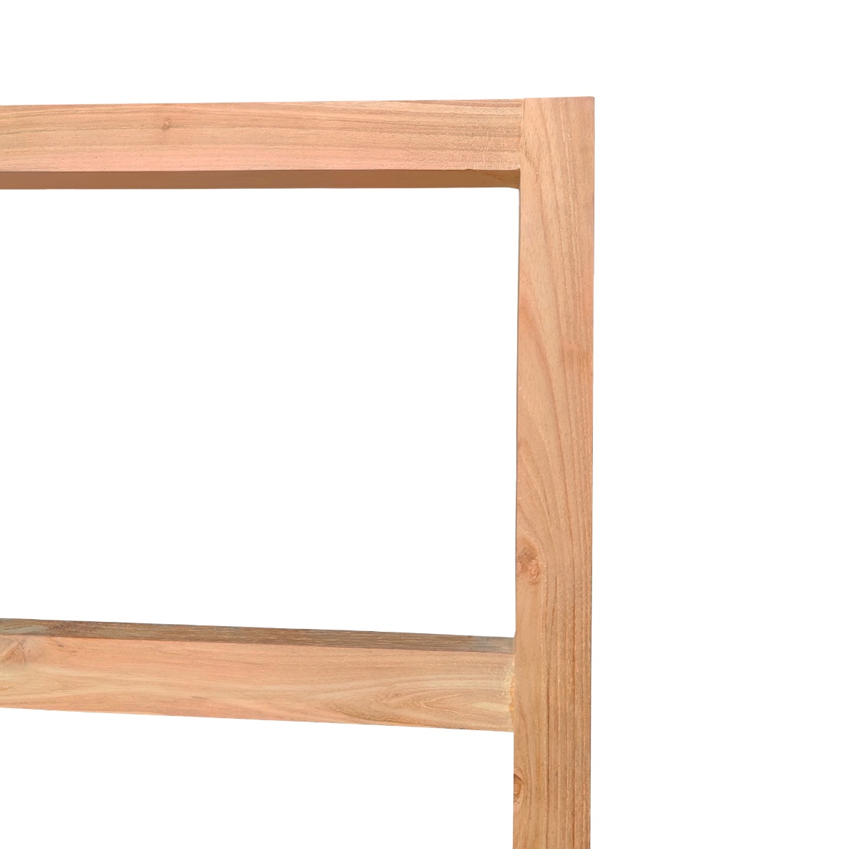 Teakhouten handdoekrek ladder met beige wafelhanddoek in een minimalistische Japandi badkamer met olijfboom. - view 3