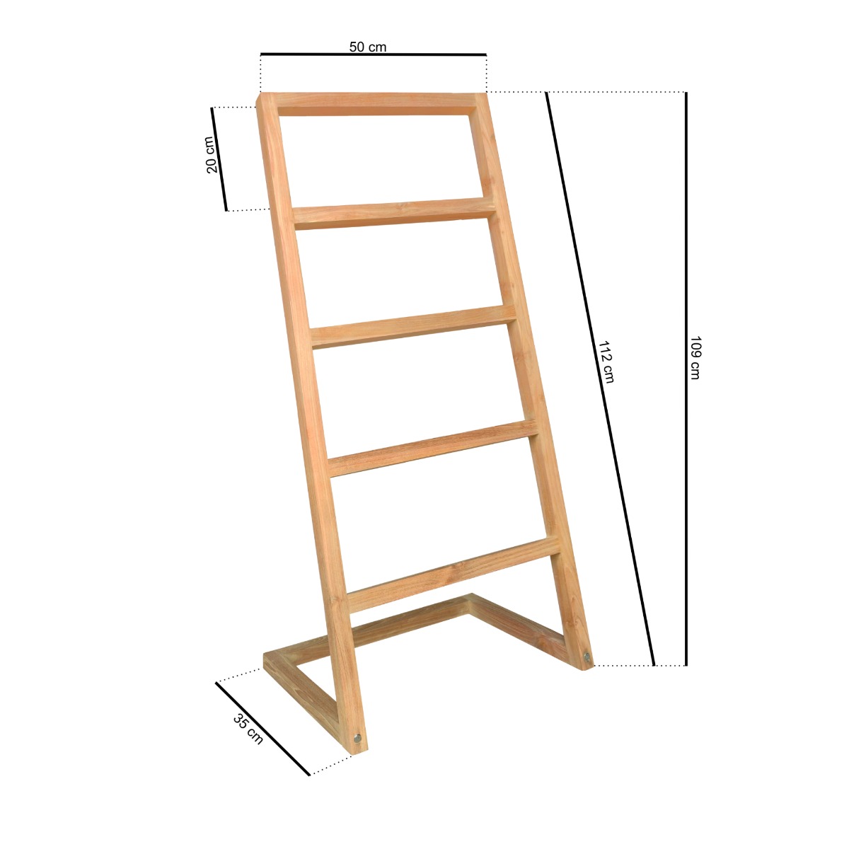 Teakhouten handdoekrek ladder met beige wafelhanddoek in een minimalistische Japandi badkamer met olijfboom. - alternate view