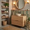 Modern badkamerinterieur met Lines eiken meubel en witte waskom.