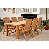 Teakhouten Nelson tuintafel 220x100 met 6 verstelbare Linda stoelen, luxe buitenmeubelset op een terras.