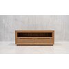 Teak TV-meubel Alex van 180 cm breed in een moderne woonkamer met betonnen wand
