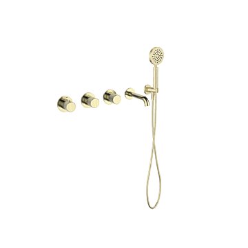 Regn inbouw badkraan stopkranen, ronde handdouche en ribbelgreep, geborsteld champagne