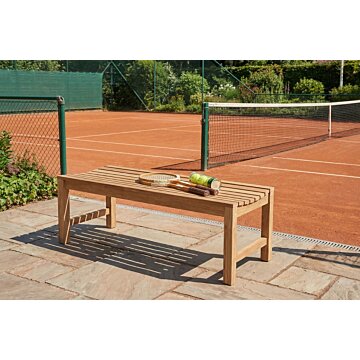 Teakhouten tuin tennisbank Slater als tafelbank van massief teak, formaat 130x46x45 cm