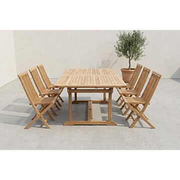 Teak tuinset Summer geplaatst in tuin of op terras als complete eethoek met zes vouwbare tuinstoelen