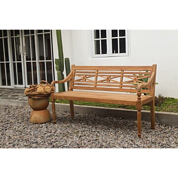 Teak Station Bank Batavia van 150 cm, gemaakt van gerecycled teakhout, in natuurlijke teak kleur, geschikt voor drie personen, ideaal voor tuin of terras.
