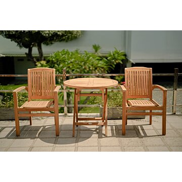 Teakea tuinset met 2 Ibiza stapelbare teakstoelen en ronde inklapbare tafel Ø80 cm – compacte teak tuinset