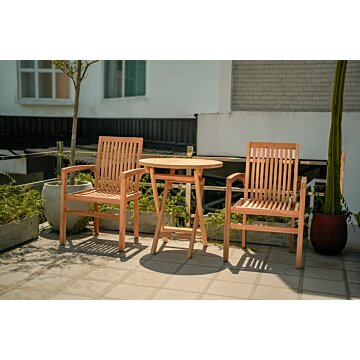 Teakea tuinset met 2 Pile stapelbare teakstoelen en ronde inklapbare tafel Ø70 cm – teak set voor balkon of terras