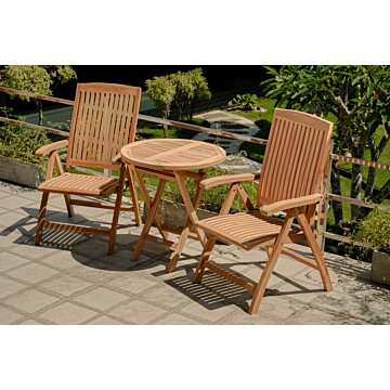 Teakea tuinset met 2 Linda standenstoelen en ronde klaptafel Ø70 cm – teak tuinset voor balkon of terras