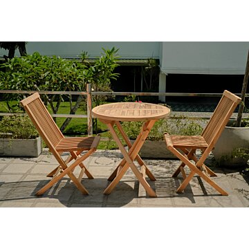 Teakea tuinset met 2 inklapbare teakstoelen en ronde klaptafel Ø70 cm – compacte teak tuinset voor balkon of kleine tuin