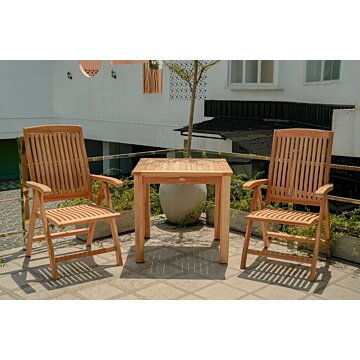 Teakea Teakhouten Tuinset met 2 verstelbare Linda standenstoelen en vierkante teak tuintafel 80x80 cm – compact en duurzaam buitenmeubilair
