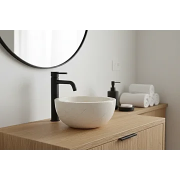 Wit marmeren waskommetje 20 cm rond x 12 cm hoog op eikenhouten meubel met mat zwarte opbouw kraan.