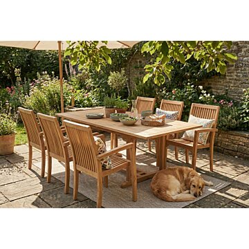 Teak Tuinset - Pile teaktafel 150<>200 met 6 stapelbare tuinstoelen