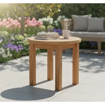 Rond teakhouten tuin bijzettafeltje met een diameter van 50 cm en een hoogte van 45 cm. Dit elegante tafeltje is gemaakt van hoogwaardig teakhout, bekend om zijn duurzaamheid en natuurlijke weerbestendigheid. Het heeft een gladde afwerking met een rijke, 