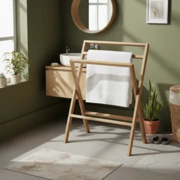 Vrijstaand inklapbaar handdoekrek van teak hout in een moderne Scandinavische badkamer met een witte handdoek, houten wastafelmeubel en ronde spiegel