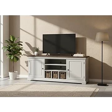 Breed wit TV dressoir Napoli met houten blad, drie laden, twee deuren en drie rieten manden in landelijke stijl.