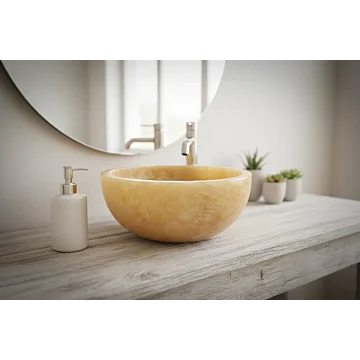 Ronde honinggele onyx waskom 25 cm x 12 cm op een vergrijsd houten blad met rvs kraan in een lichte badkamer.