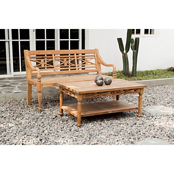 Teakhouten stationbank met salontafel