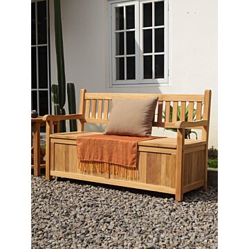 Windsor teak opbergbank van 150 cm breed, gemaakt van massief teakhout met opbergruimte onder het zitgedeelte, ideaal voor buitengebruik.