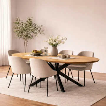 Moderne eettafel ovaal eiken met zwarte spiderpoot