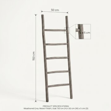 vergrijsde teakhouten decoratieladder 150 cm vooraanzicht