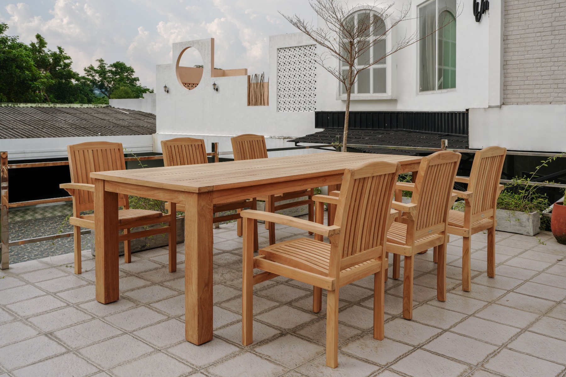 Teakea Teakhouten Tuinset met 6 Ibiza stapelbare teakstoelen en Nelson tuintafel 250x100 cm – luxe, tuinset van teak voor buiten - view 3