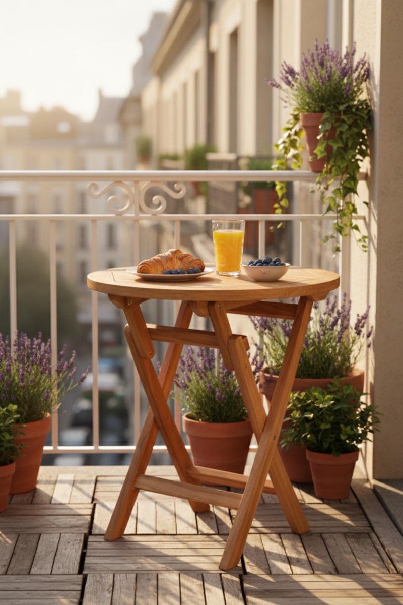 Ronde inklapbare teakhouten tuintafel van 70 cm met massief FSC teak en RVS beslag op balkon en productfoto vrijstaand - view 3