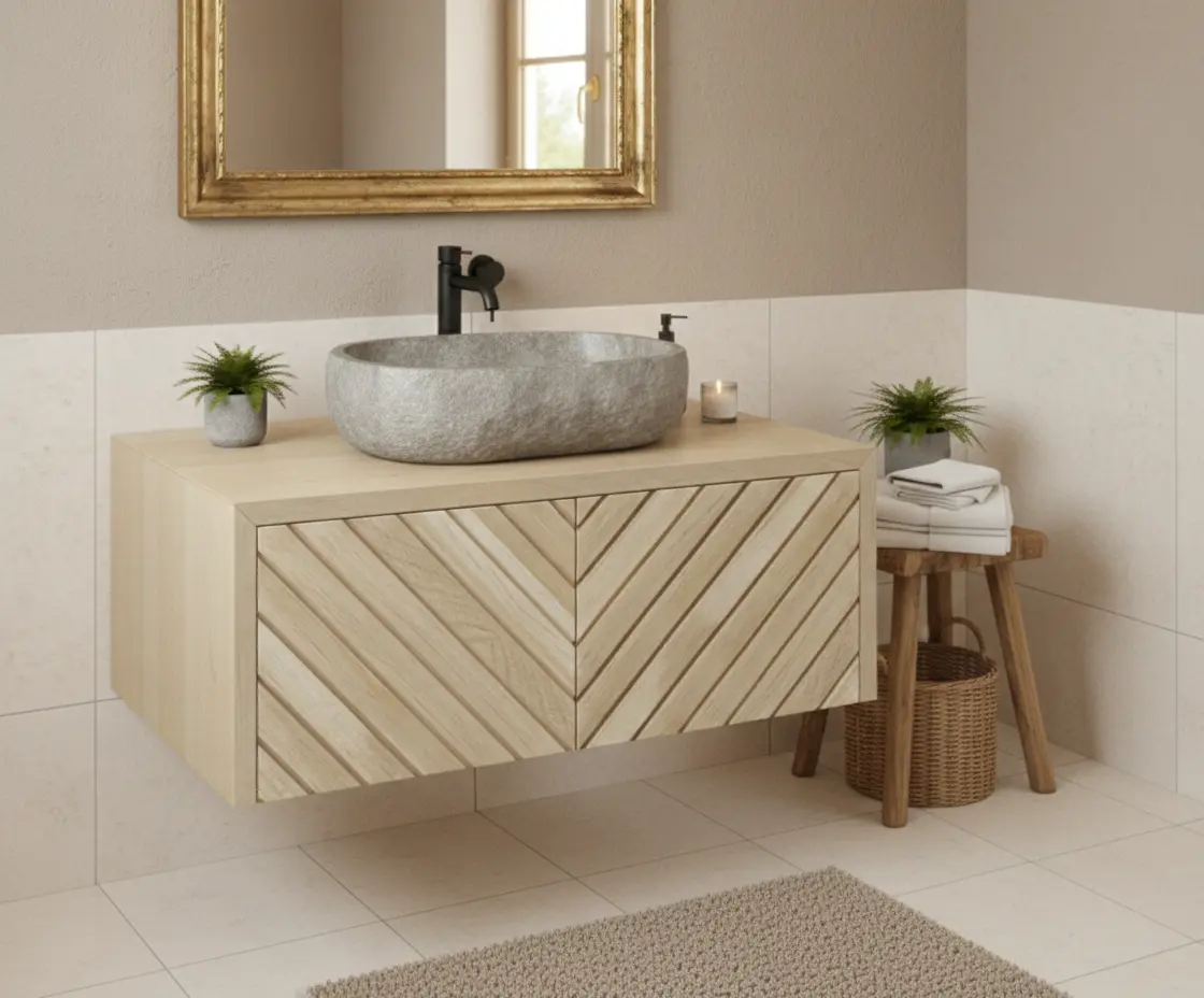 Eiken badkamermeubel met visgraat front, riviersteen waskom en gouden barok spiegel in beige badkamer setting. - alternate view