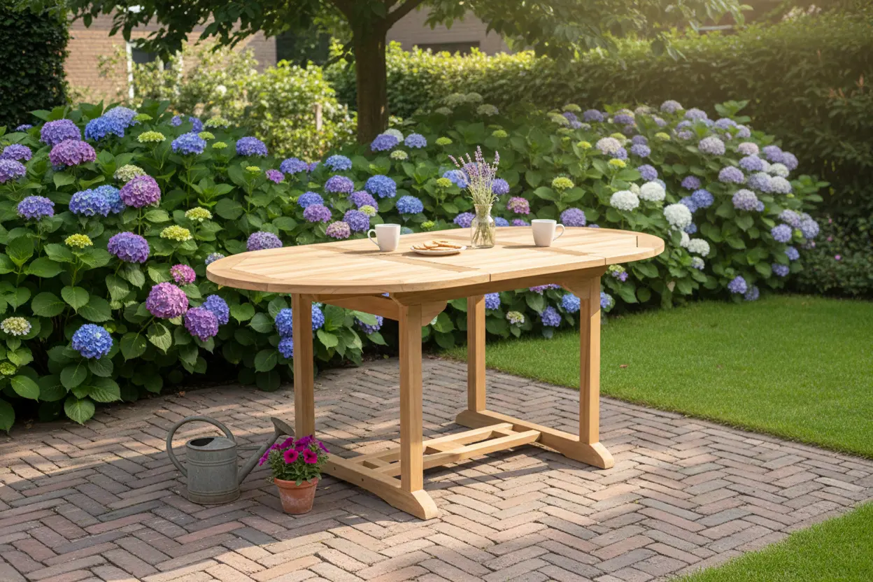 Ovale uitschuifbare teakhouten tuintafel 120-180 cm op een klinkerterras bij bloeiende hortensia's. - alternate view
