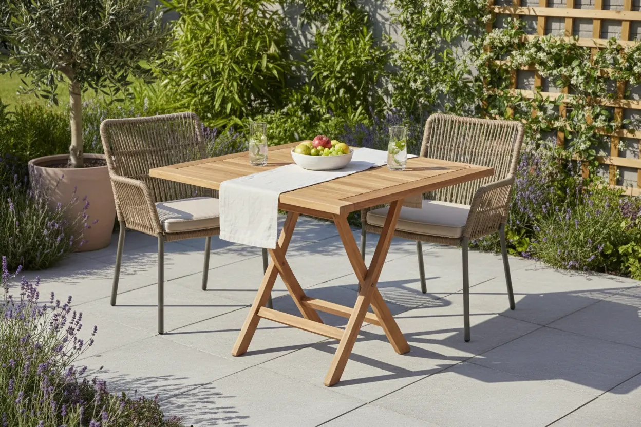 Deze sfeervolle setting illustreert een intiem buitenverblijf, ideaal voor een zomers ontbijt of een ontspannen middag in de tuin. De combinatie van warm teakhout en tactiel vlechtwerk creëert een tijdloze, natuurlijke esthetiek die naadloos aansluit bij  - alternate view