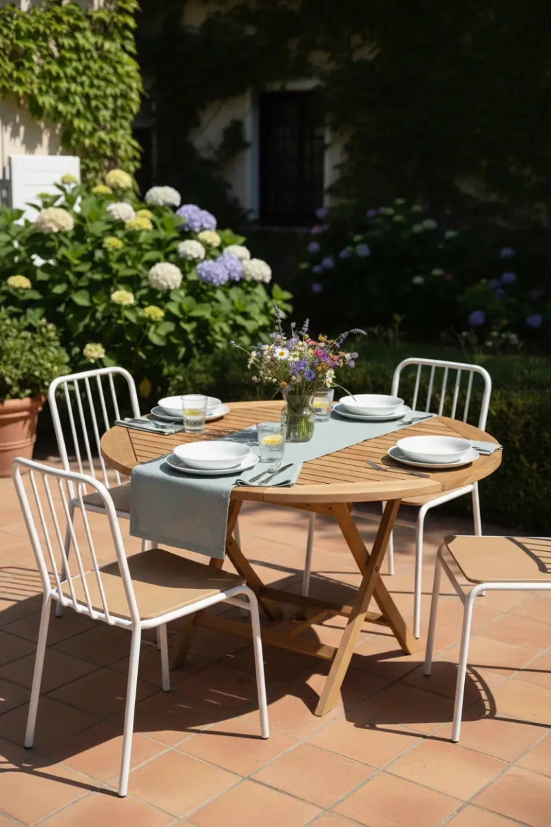 Ronde houten tuintafel van teakhout met witte metalen stoelen en houten zitting op een zonnig terras met hortensia's. - alternate view