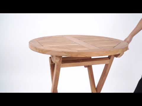 Ronde inklapbare teakhouten tuintafel van 70 cm met massief FSC teak en RVS beslag op balkon en productfoto vrijstaand - alternate view