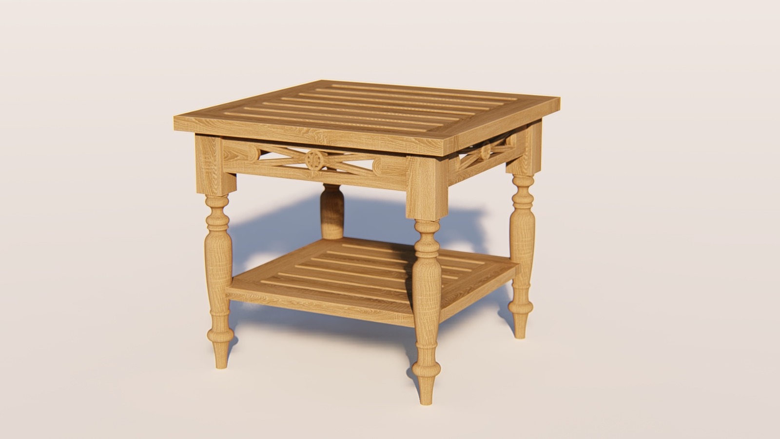 Teakhouten Batavia koffietafel 50×50 cm met extra legplank en decoratief houtsnijwerk - view 3