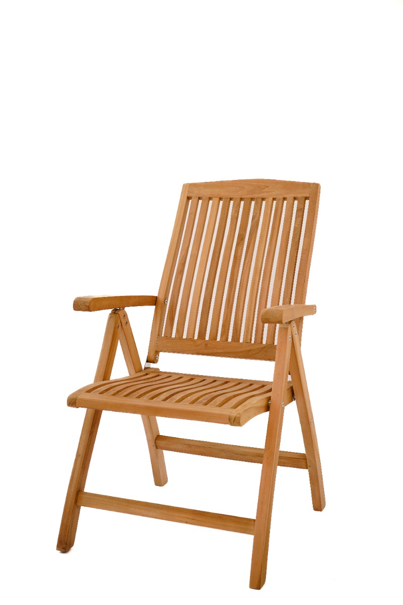 Teakhouten Nelson tuintafel 220x100 met 6 verstelbare Linda stoelen, luxe buitenmeubelset op een terras. - alternate view