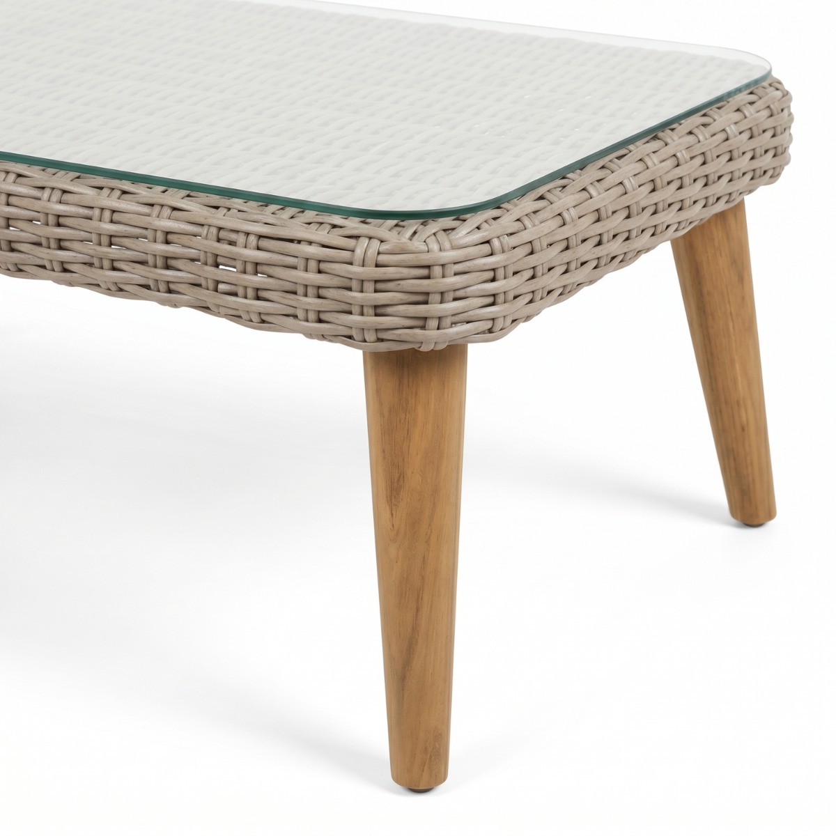 Teakea Eelde loungeset 4-delig met 3-zits bank, twee fauteuils en glazen salontafel in natural white grey wicker met acacia poten en lichtgrijze kussens - view 4