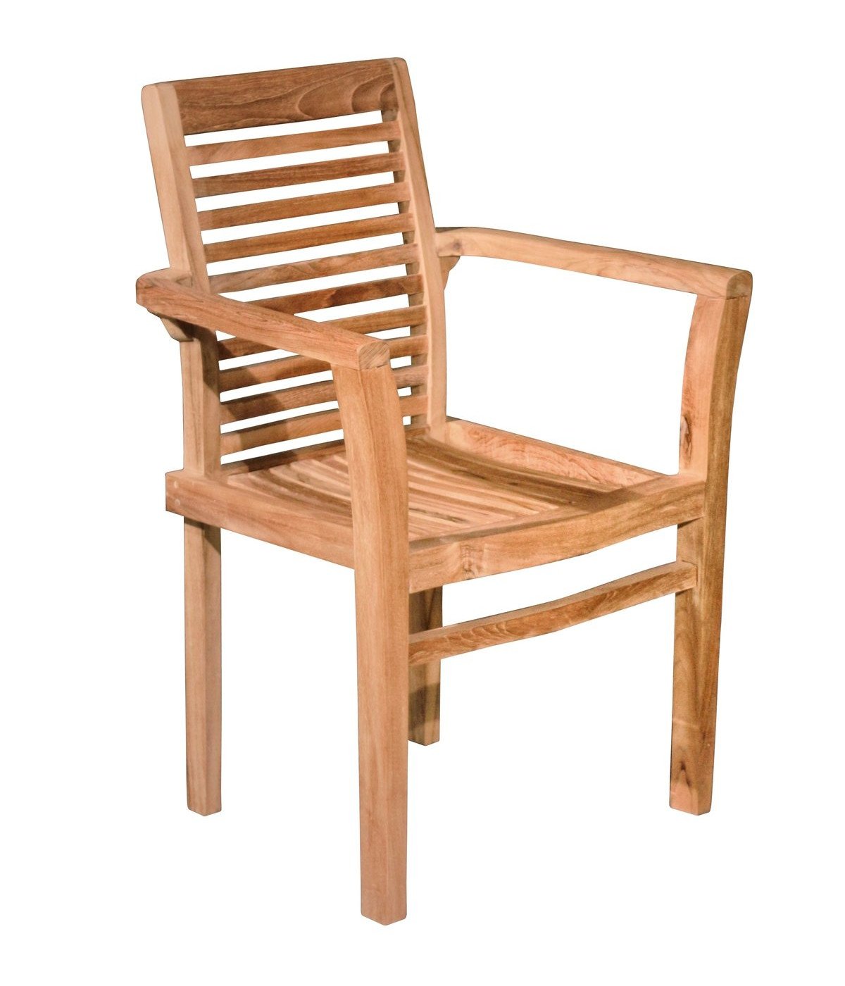 "Sfeerfoto van gestapelde teak houten tuinstoelen in een zonnige, mediterrane tuin - alternate view