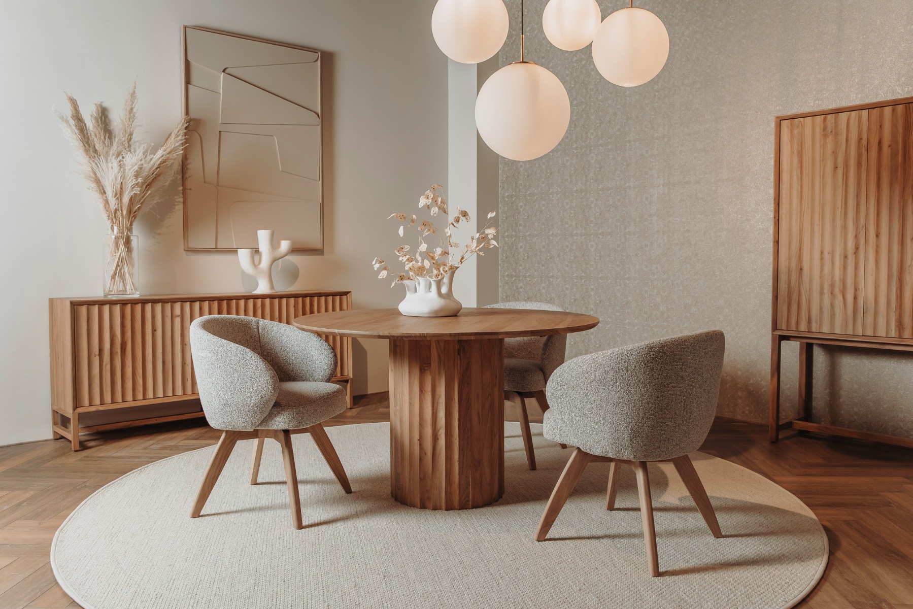 Crotone Opbergkast 55 x 40 x 180 cm (rechtsdraaiend) van massief acaciahout met golvend patroon en push-to-open systeem. Scandinavisch design - alternate view